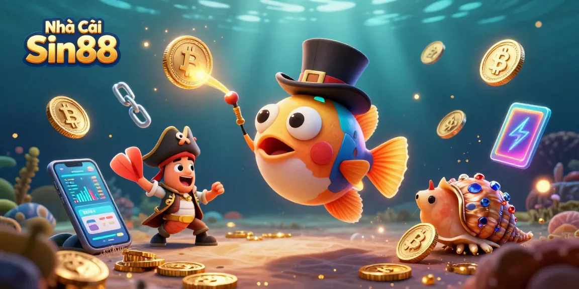 Engage players with the vibrant underwater scene of Nhà Cái Sin88, showcasing colorful characters and glowing crypto elements.