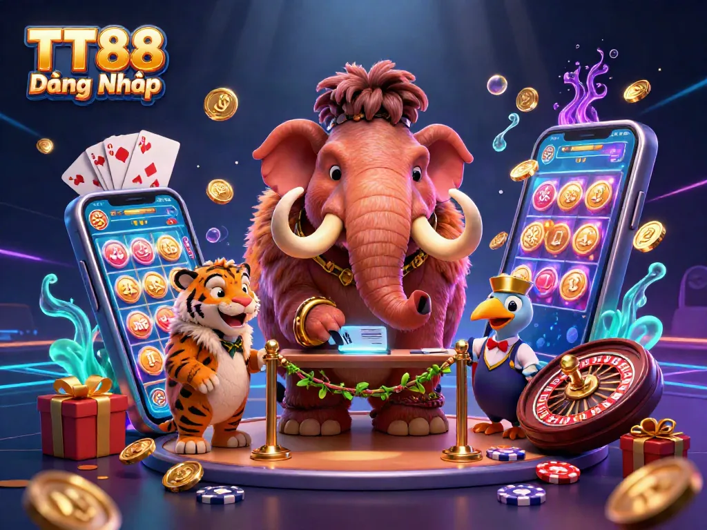Experience the excitement of TT88 Đăng Nhập with a vibrant casino scene featuring animated characters.