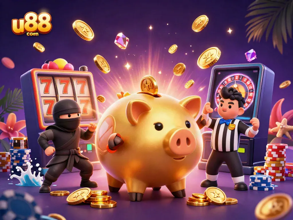 Experience excitement at u88 com with vibrant 3D characters celebrating with cascading golden coins and slot wins.