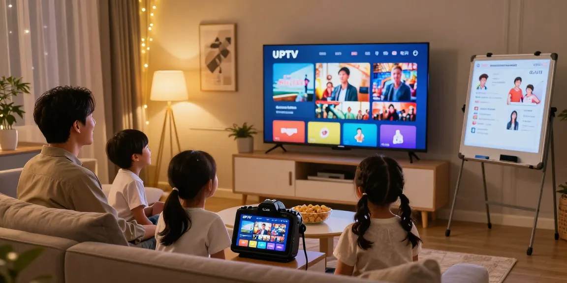 Família desfrutando de IPTV em uma sala aconchegante, assistindo a um show em uma TV de tela grande.