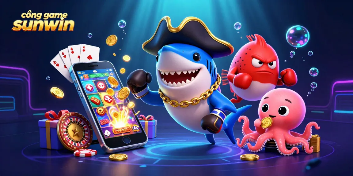 Join the fun at cổng game sunwin with a vibrant 3D casino illustration featuring gaming characters and vibrant game elements.