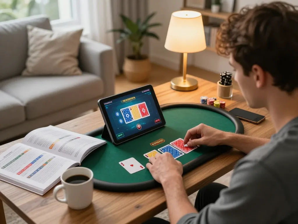 Player enjoying online poker on jogoluck platform in a cozy living room setting, showcasing cards and strategy notes.