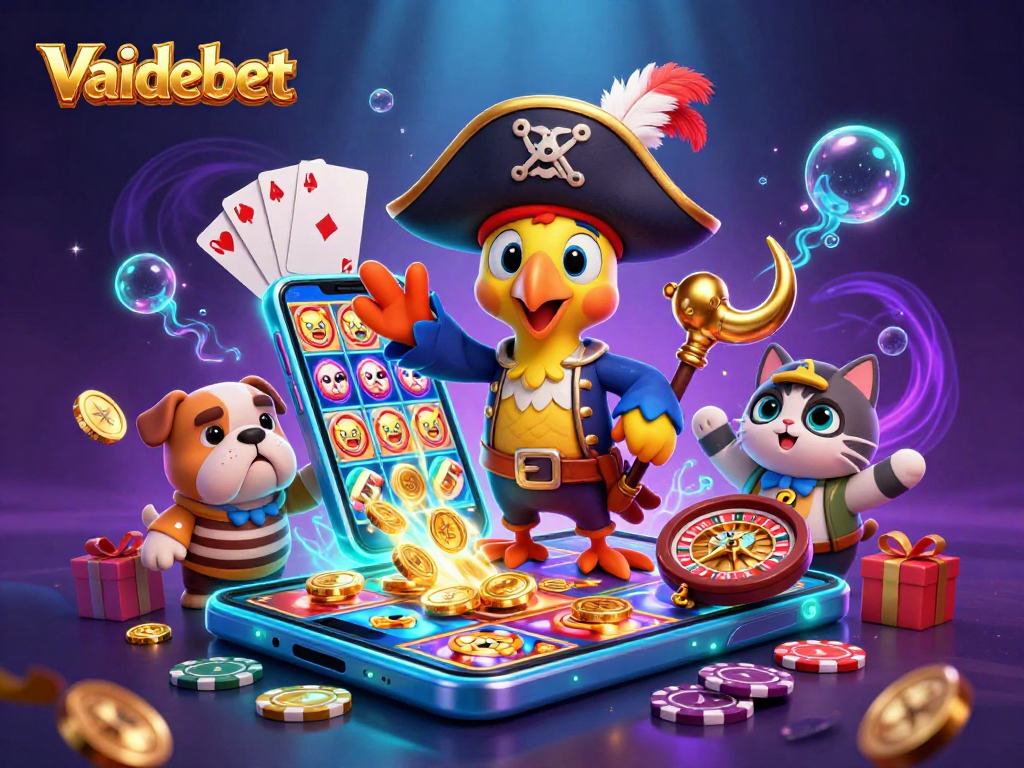Experience Vaidebet's thrilling adventure with pirate-themed casino fun featuring slots, poker elements, and vibrant characters.