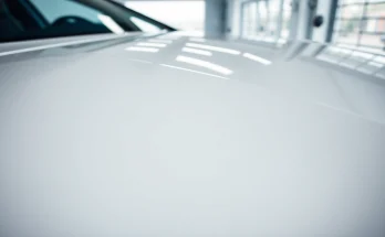 View of a car with paint protection film near me, highlighting glossy finish and modern setting.