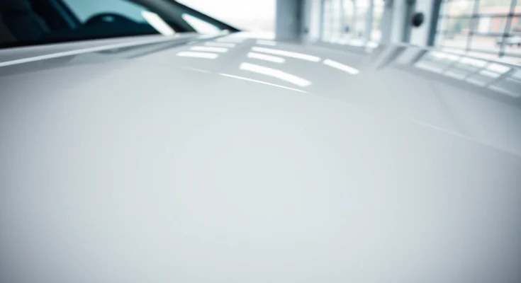 View of a car with paint protection film near me, highlighting glossy finish and modern setting.