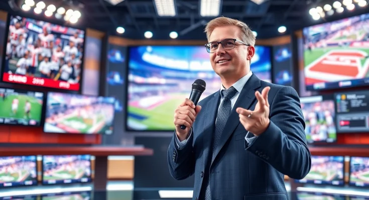 Engaging sports broadcasting scene with a passionate announcer in a modern studio.