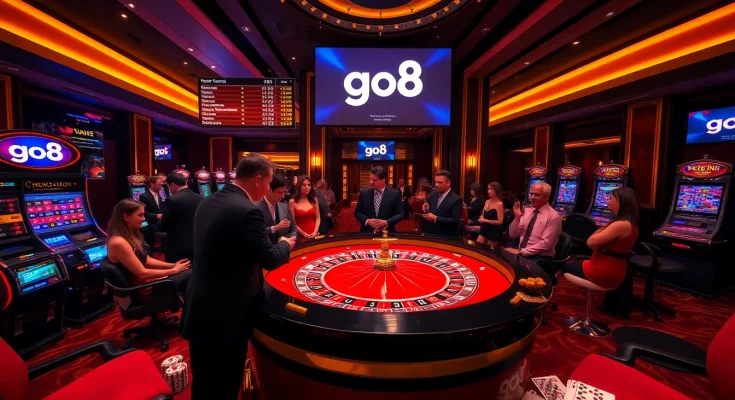 Players at a casino table strategizing their bets with go8-themed elements in a luxurious setting.