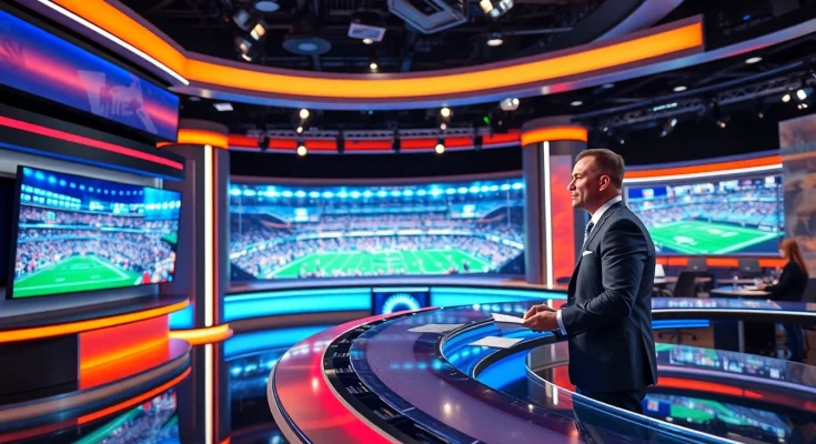 Engaging moment in sports broadcasting with a charismatic host and dynamic studio setup.