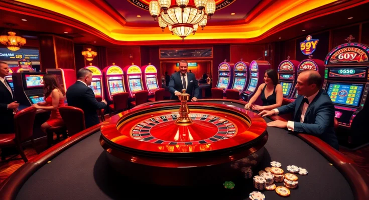 Apostadores aproveitando um emocionante jogo de roleta em um cassino luxuoso com a marca 69Y.