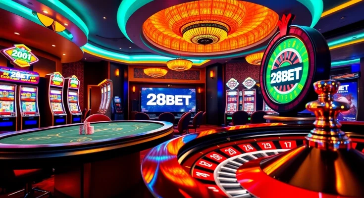 Exciting gaming experience at 28BET with vibrant casino elements like poker tables and slot machines.