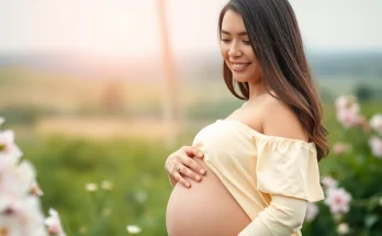Captivating Babybauch Fotoshooting showcasing a joyful pregnant woman in a serene outdoor setting.