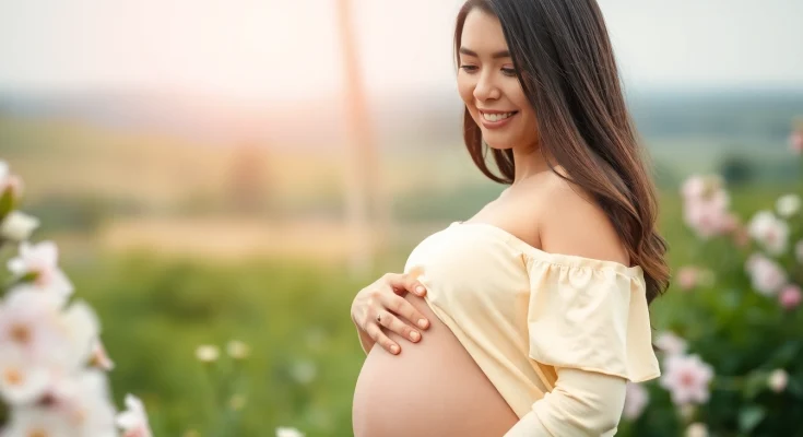 Captivating Babybauch Fotoshooting showcasing a joyful pregnant woman in a serene outdoor setting.