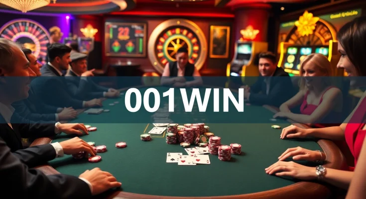 Jogadores da 001WIN comemorando uma mão vencedora em uma mesa de pôquer de luxo, em uma cena vibrante de cassino.