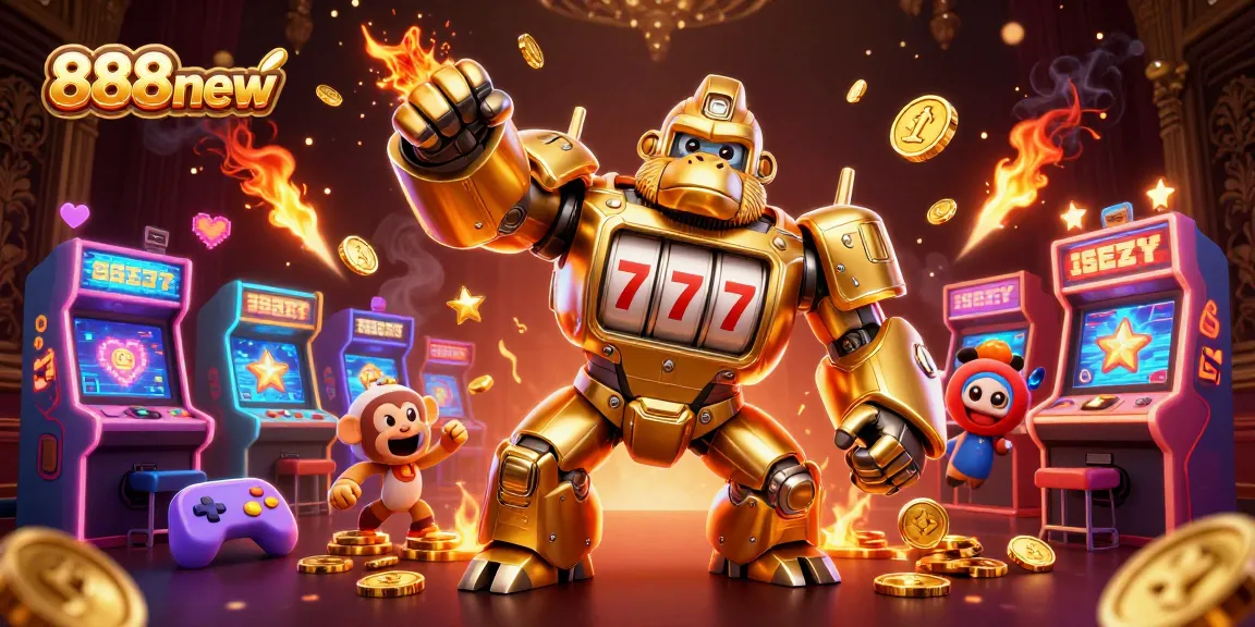 Experience thrilling gameplay with 888new, featuring the golden gorilla mech and dynamic arcade elements.