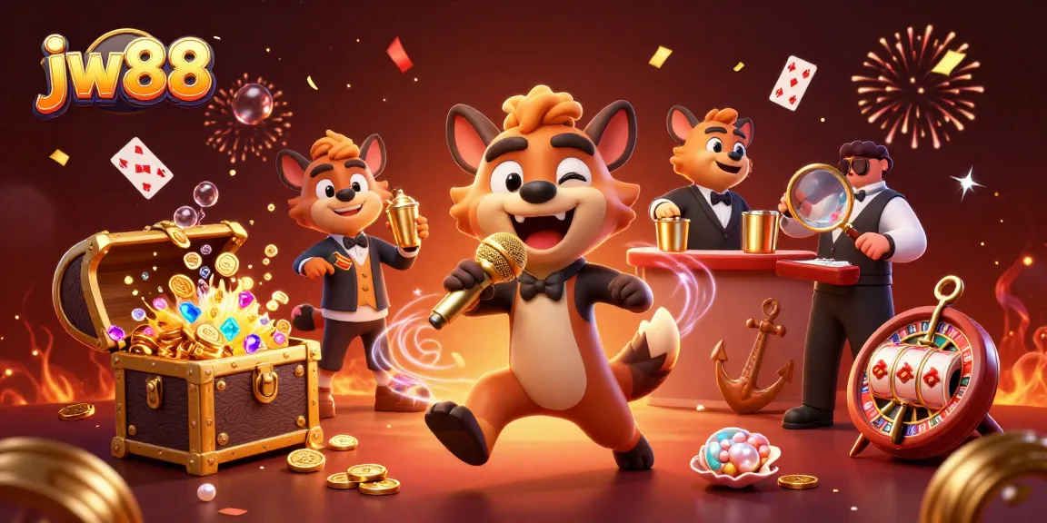 Experience fun at JW88 with hyenas running a vibrant comedy casino club scene filled with treasure and confetti.